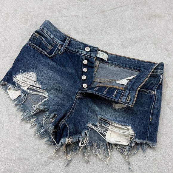 We The Free Pants - We The Free Denim Shorts Women 26 Blue Distressed Raw Hem Button Fly Boho CutOff